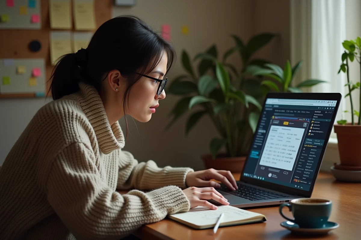 Femme prenant des notes sur les portails Dofus devant son ordinateur portable dans un bureau à domicile chaleureux