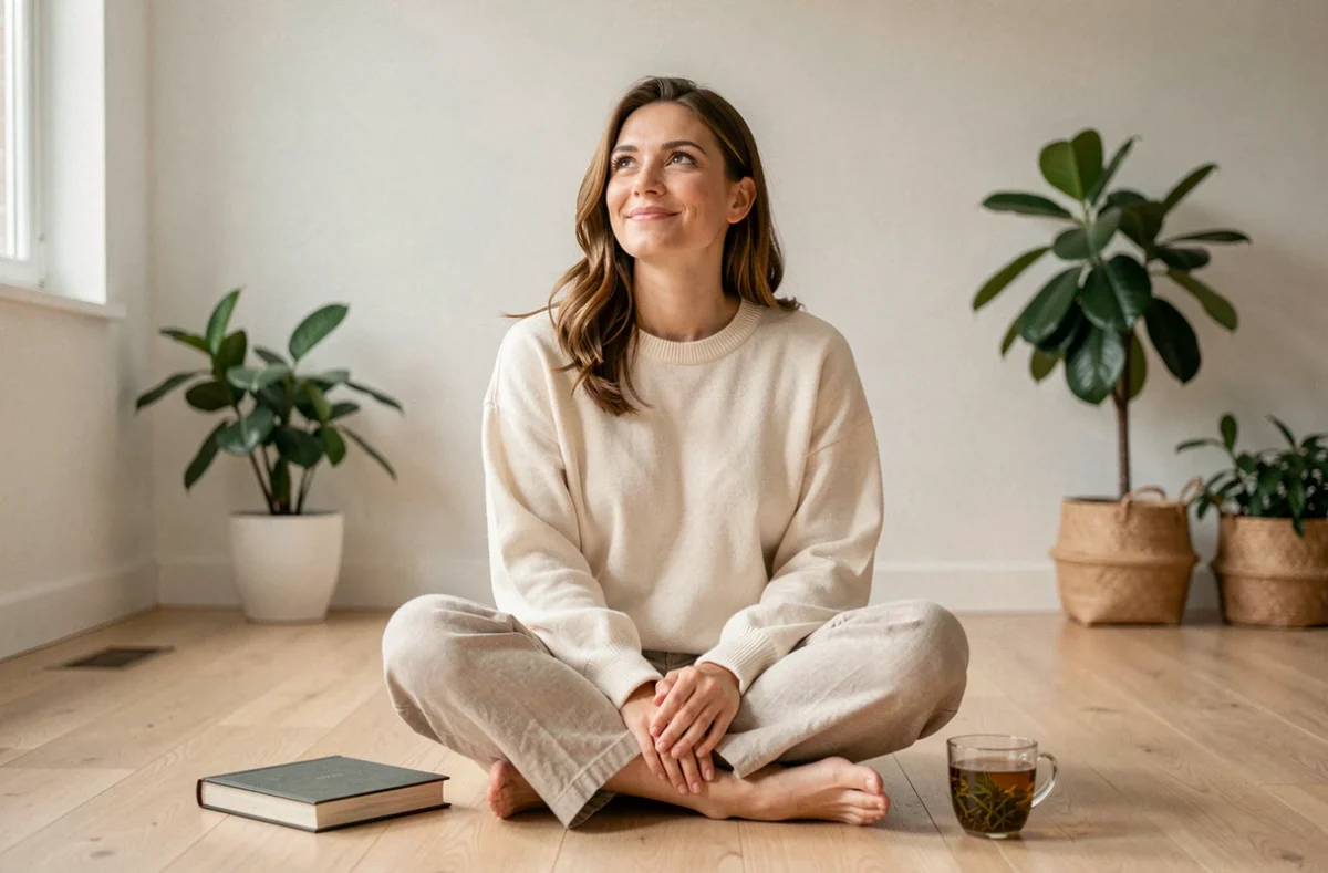 Femme sereine assise sur le sol de son salon avec un journal intime, symbolisant la reconstruction personnelle après une relation narcissique