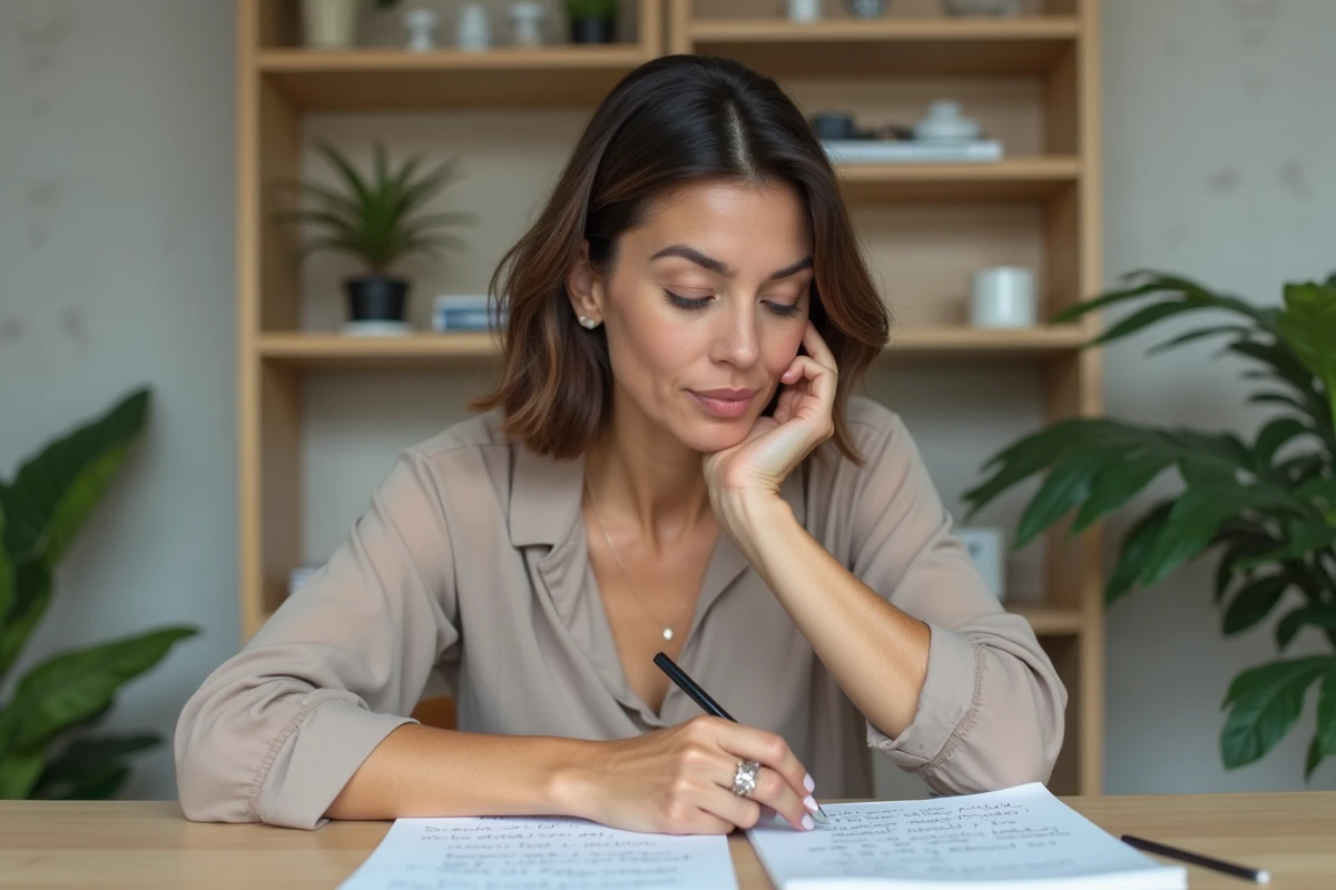 Femme en réflexion dans un bureau moderne et calme