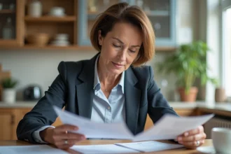 Femme d'âge moyen consulte brochures d'assurance santé
