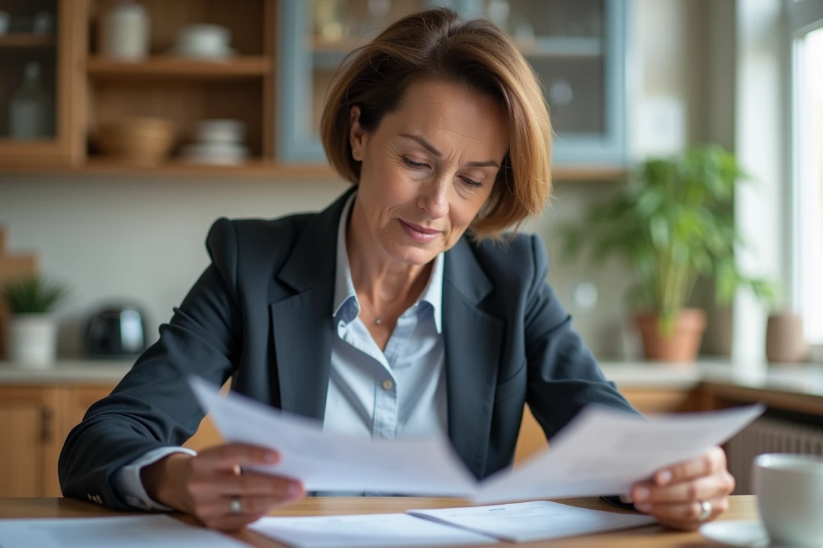 Femme d'âge moyen consulte brochures d'assurance santé