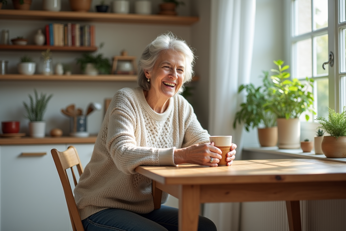 Femme souriante dans une cuisine chaleureuse