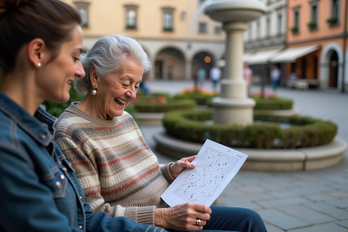 Femme âgée montrant un mots croises à une amie sur un banc public