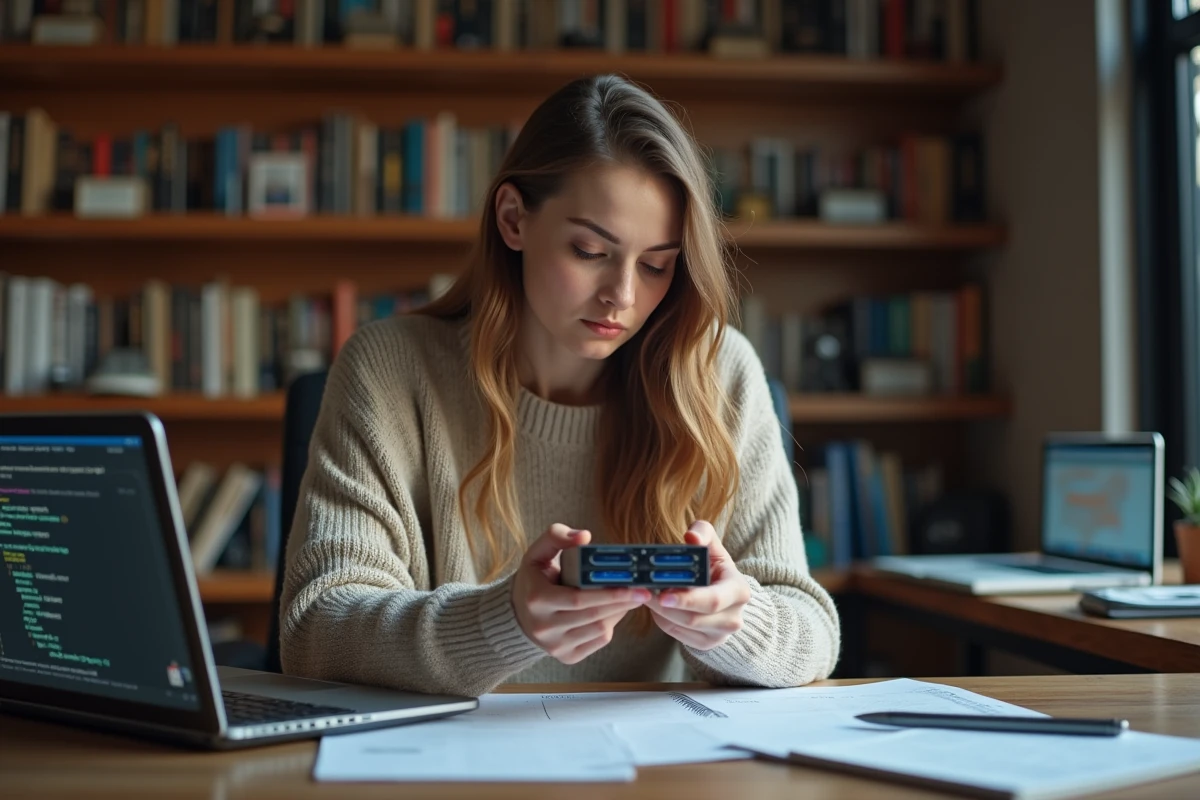 Jeune femme examinant un module serveur LLM dans un bureau