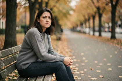 Femme seule assise sur un banc de parc en automne, exprimant l'isolement émotionnel face au silence d'un narcissique