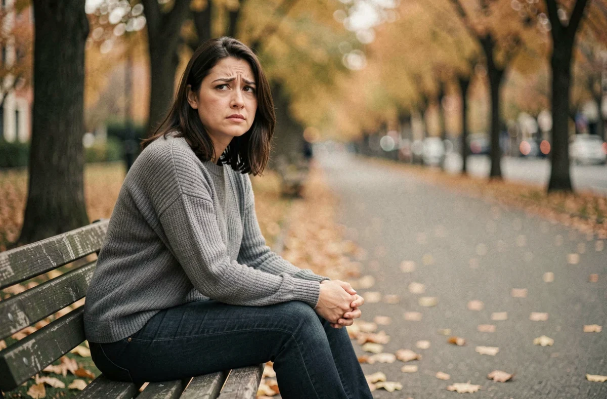 Femme seule assise sur un banc de parc en automne, exprimant l'isolement émotionnel face au silence d'un narcissique