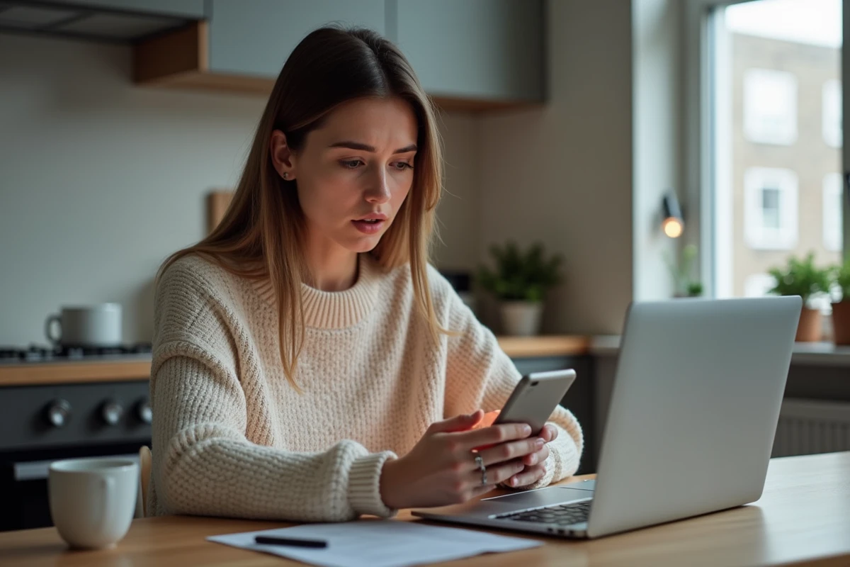 Femme préoccupée avec son smartphone dans une cuisine lumineuse