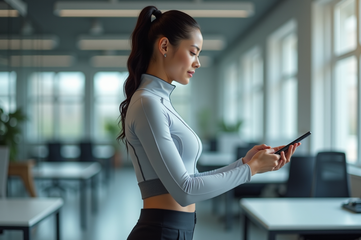 Jeune femme examine son bracelet connecté en intérieur moderne