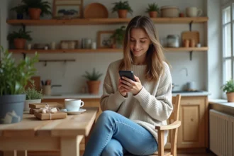 Jeune femme avec smartphone et cadeaux sur la table