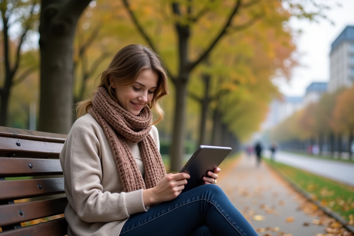 Femme lisant un manga sur tablette dans un parc en automne