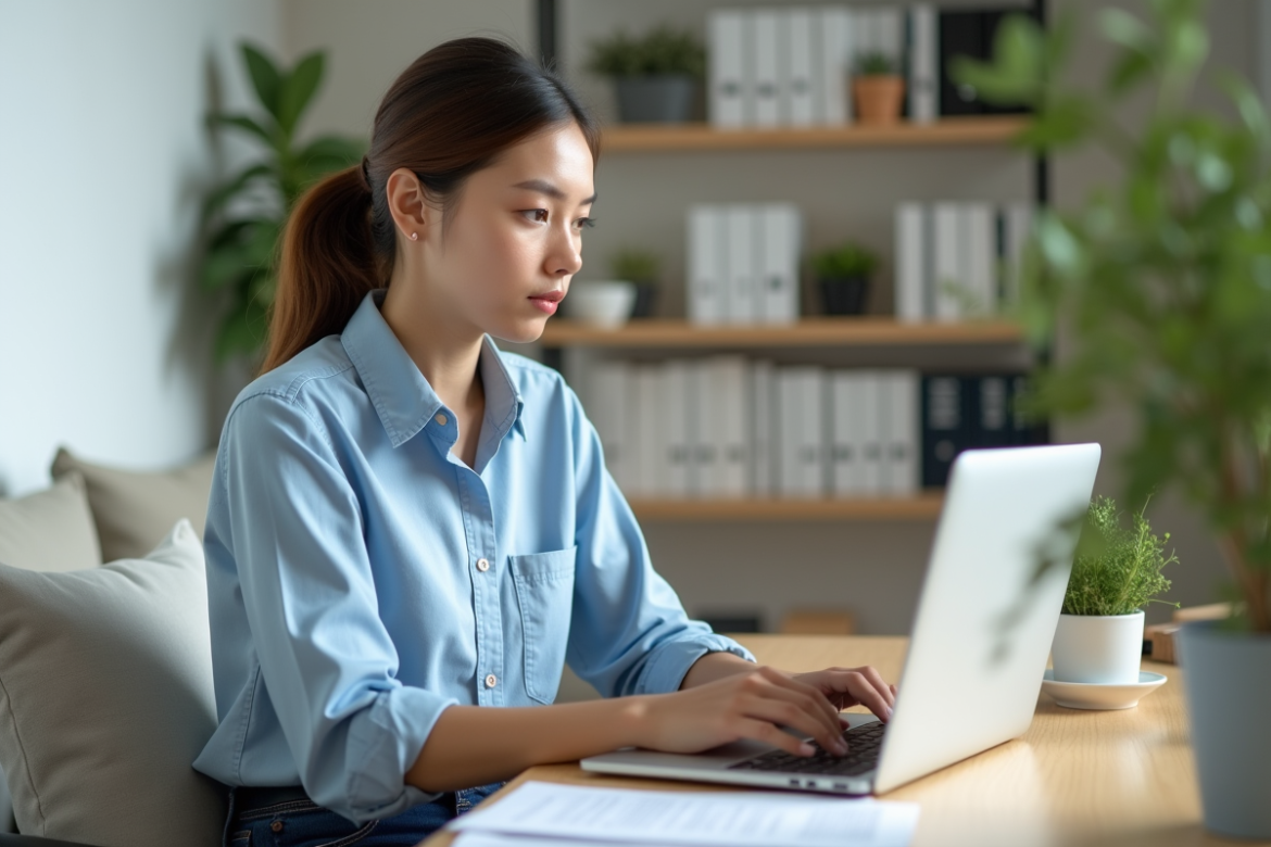 Jeune femme en bureau moderne utilisant un ordinateur portable