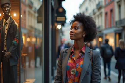 Jeune femme d'affaires dans la rue urbaine contemplant une vitrine