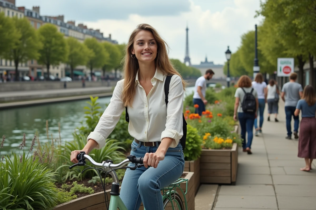 Jeune femme en velo dans un quartier vert de Paris