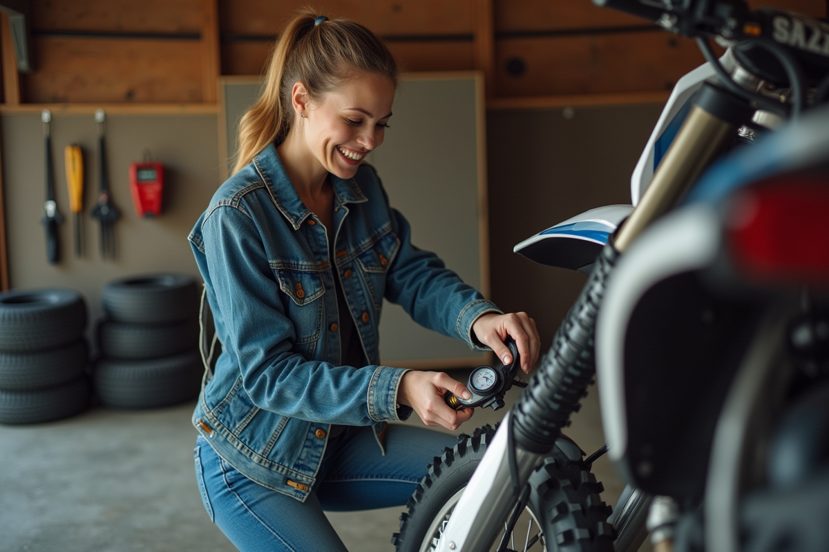 Femme vérifiant la pression du pneu d