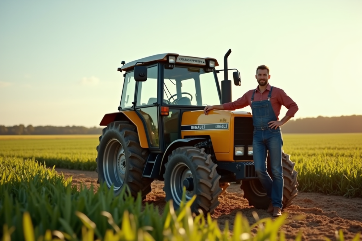 Ferme avec un fermier et un tracteur Renault en plein champ