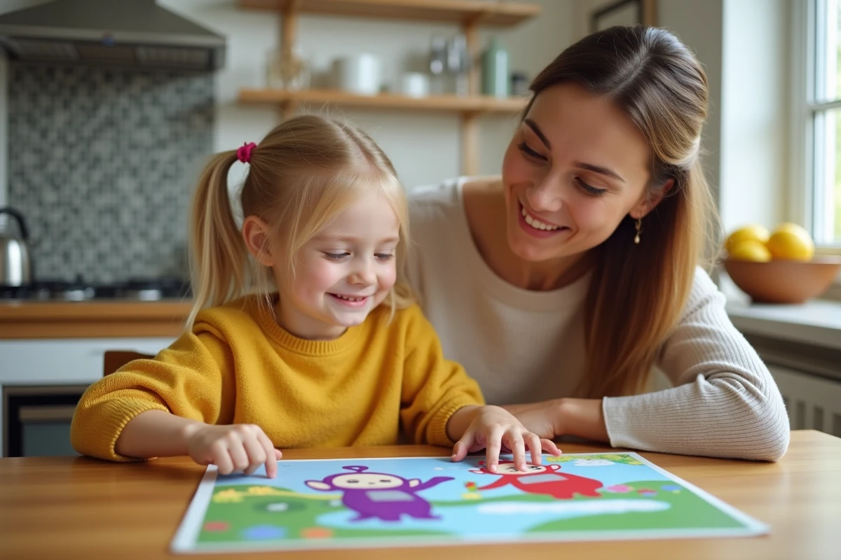 Fille et mère regardant poster Teletubbies à la table