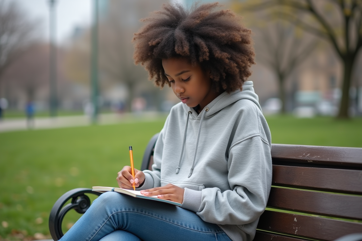 Fille réfléchissant en écrivant dans un parc urbain