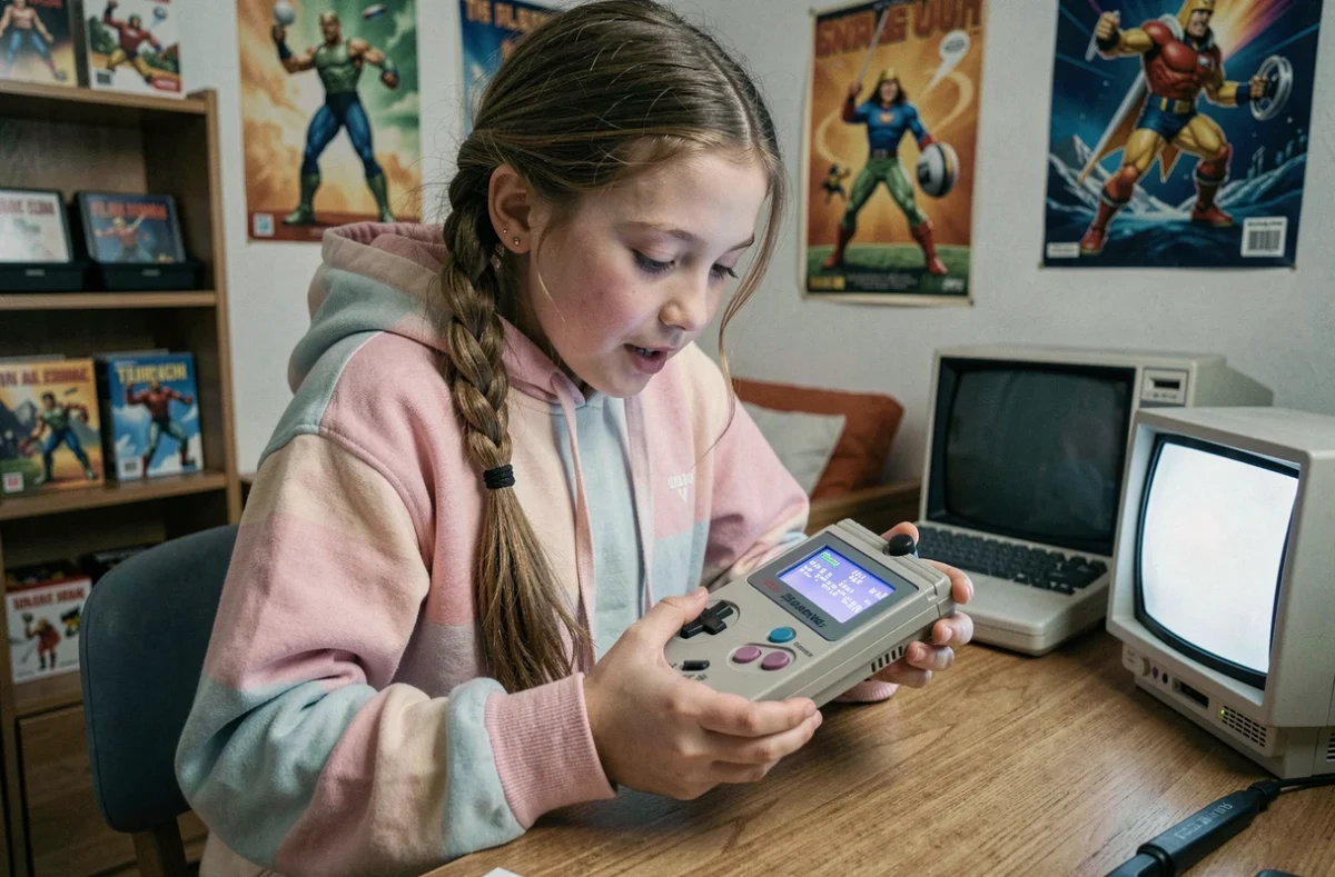 Fillette jouant à une console portable rétro dans une chambre décorée sur le thème des jeux vidéo vintage