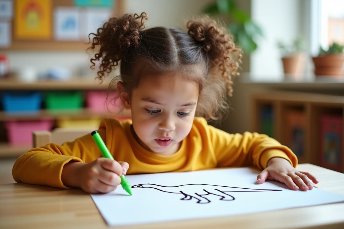Fillette de maternelle concentrée en train de dessiner un grand dinosaure simple au feutre vert sur une feuille blanche