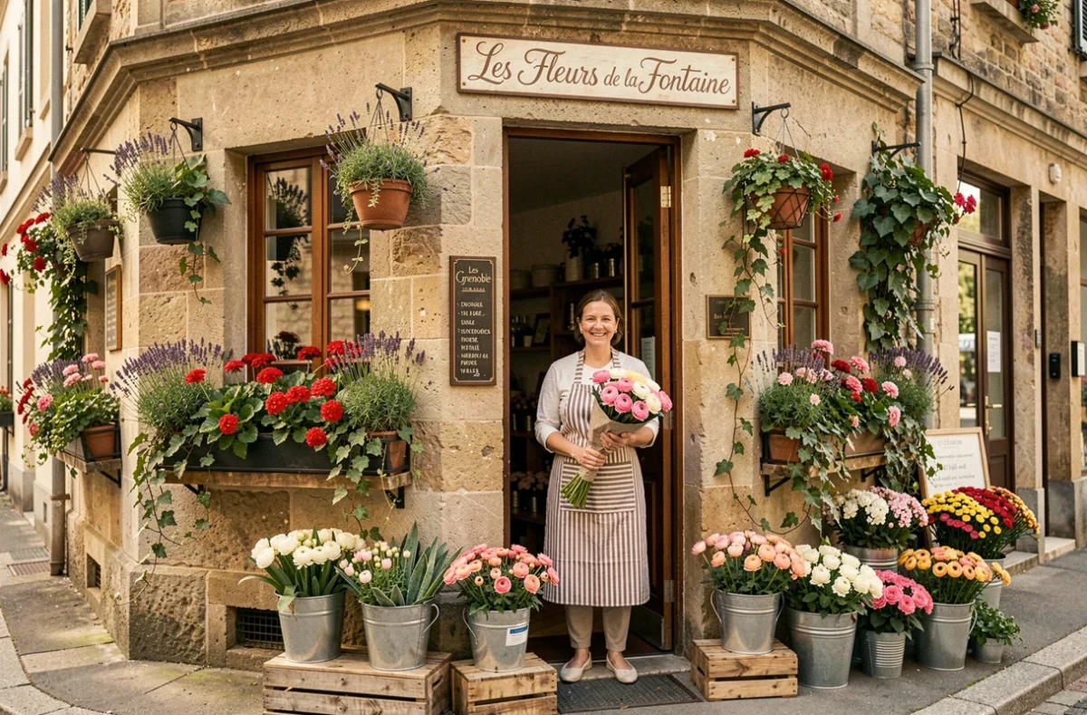 Devanture pittoresque de la boutique Les Fleurs de la Fontaine à Grenoble, avec une fleuriste souriante tenant un bouquet dans l'embrasure de la porte