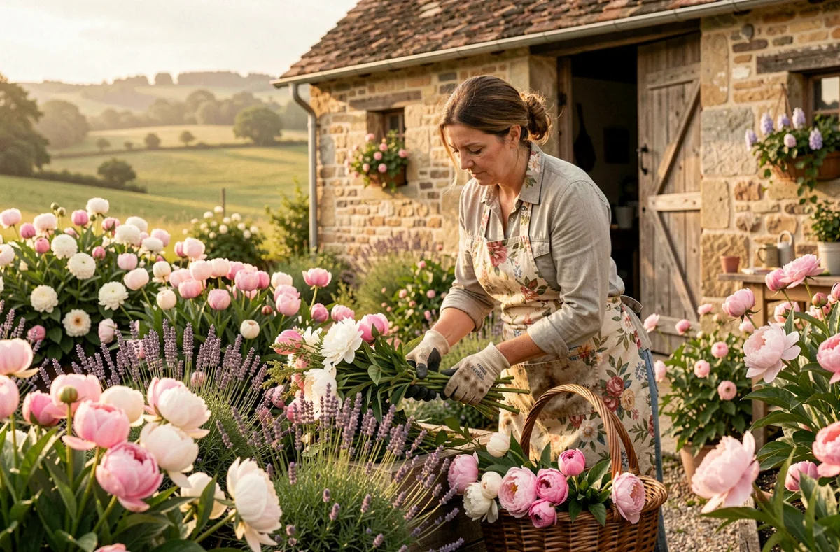 Fleuriste cultivatrice des Fleurs de Paillarettes récoltant des pivoines et des lavandes dans son jardin de ferme provençal en Isère
