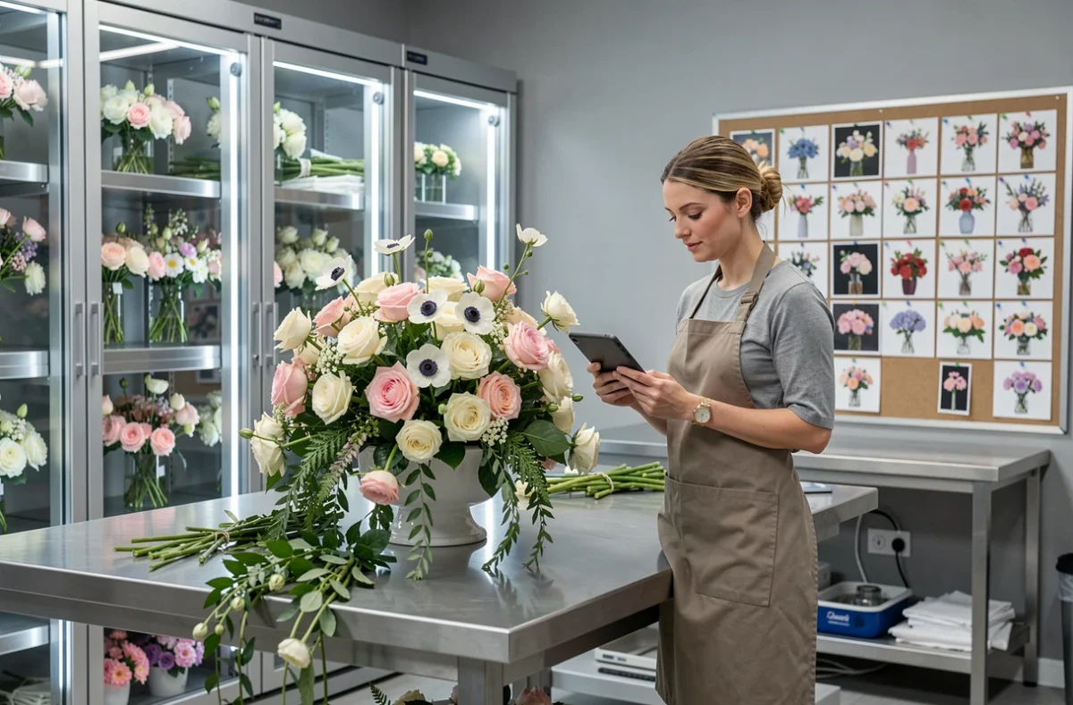Studio floral professionnel de Flore Alliance à Grenoble avec une fleuriste consultant une tablette près d'une composition florale élaborée