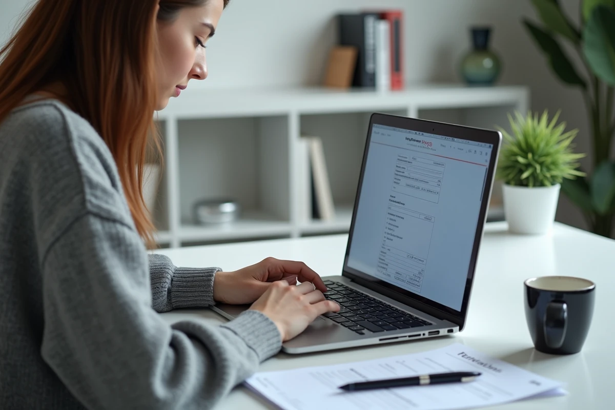 Jeune femme remplissant un formulaire d'envoi mondial Relay en ligne sur son ordinateur portable depuis son bureau