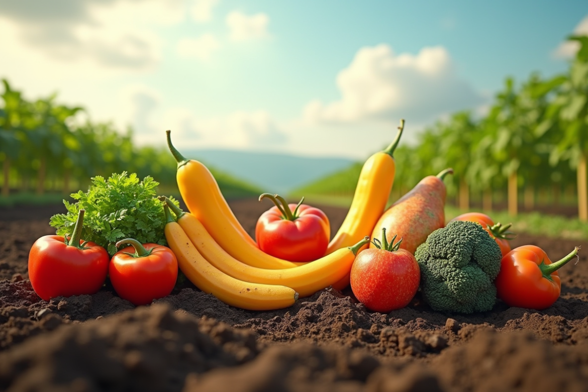 Variété de fruits et légumes en forme de V sur sol riche illustrant leur résilience face au changement climatique