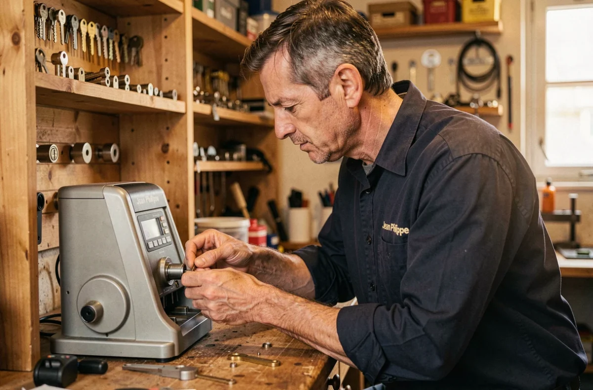 Jean-Philippe Gamet, serrurier artisan indépendant, en train de reproduire une clé dans son atelier