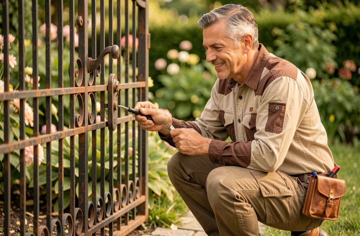 Garcia Michael serrurier travaillant sur un portail en fer forgé dans un jardin savoyard