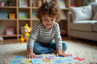Garçon de six ans concentré avec cartes Teletubbies