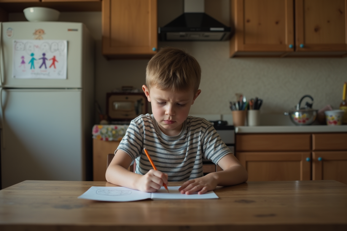 Garçon seul à la cuisine avec expression inquiète