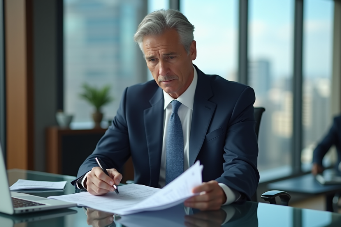 Manager financier en bureau moderne avec skyline