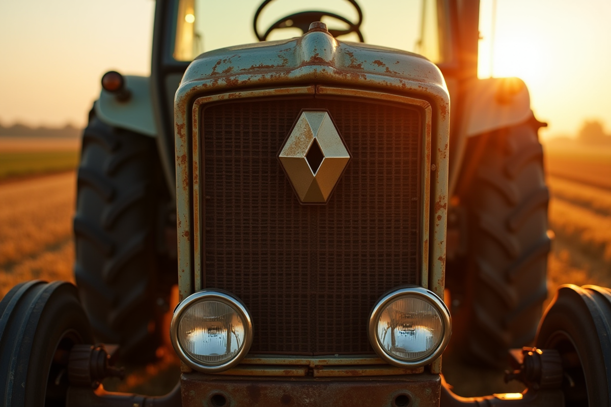 Détail de la grille et du logo d’un tracteur Renault ancien