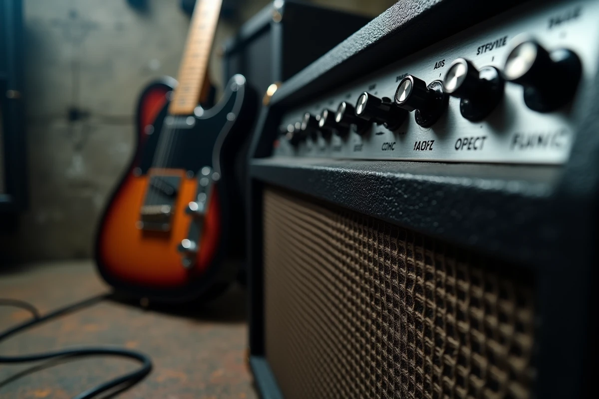 Gros plan sur les boutons de réglage d'un ampli à lampes pour guitare électrique Atlantic