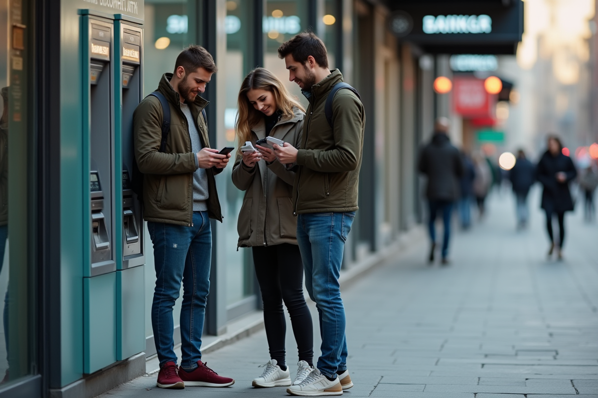 Trois personnes utilisant un distributeur automatique en ville