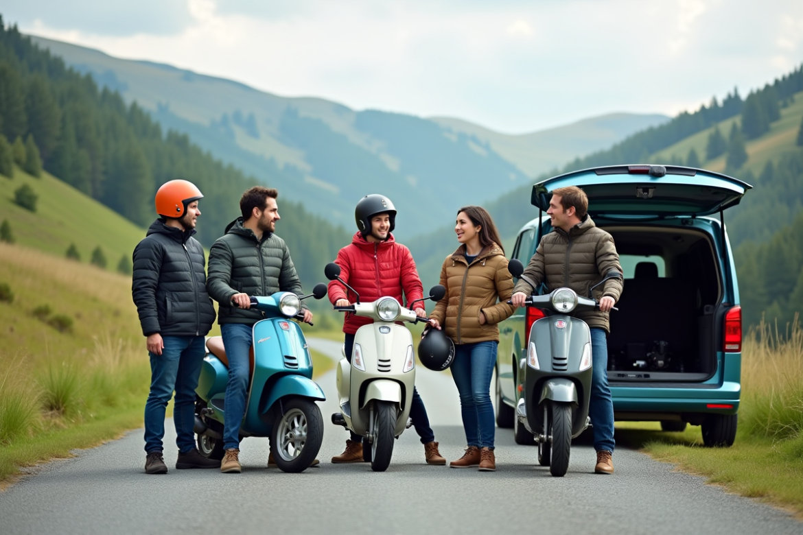 Jeunes adultes avec scooters devant paysage verdoyant