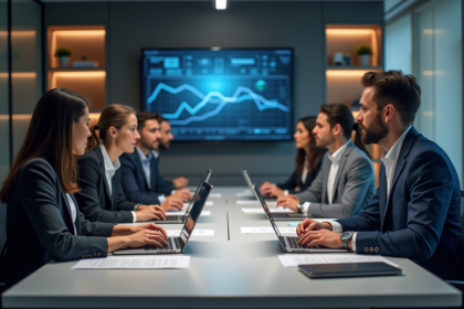 Groupe de professionnels en réunion dans un bureau moderne