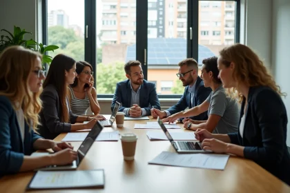Groupe de professionnels discutant d'un plan de durabilite