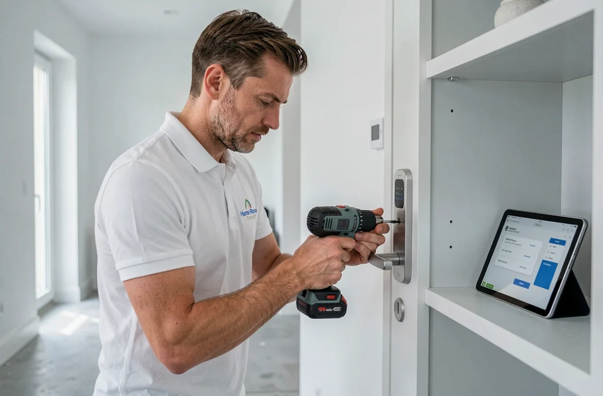Technicien Home Reno Concept posant une serrure connectée sur une porte intérieure dans une maison rénovée