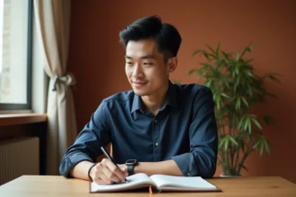 Homme né en 1993 signe du Coq d'Eau réfléchissant à ses forces et faiblesses dans un bureau moderne