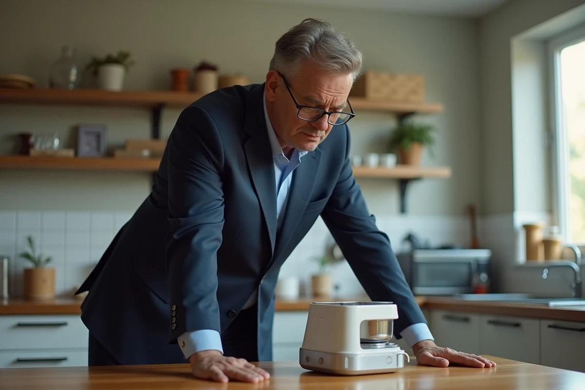 Homme d'âge moyen examinant un appareil de cuisine