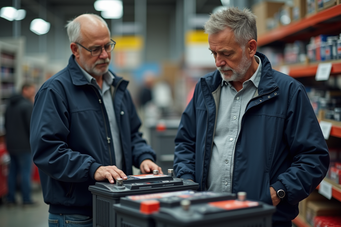 Homme d age moyen étudie batteries auto en magasin