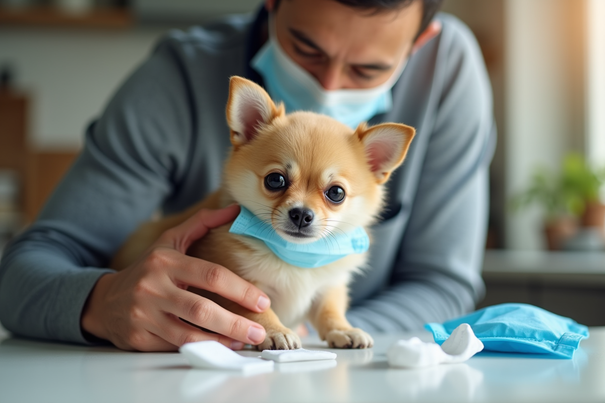 Homme portant un masque caressant un petit chien dans la cuisine lumineuse