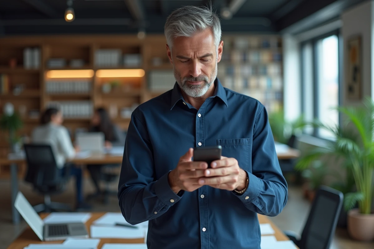 Homme en bureau vérifiant un numéro de téléphone inconnu sur son smartphone
