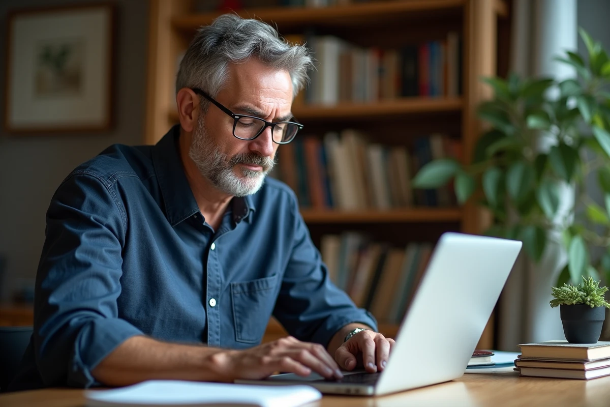 Homme comparant Wordle et Le Mot classique sur ordinateur portable dans un bureau à domicile
