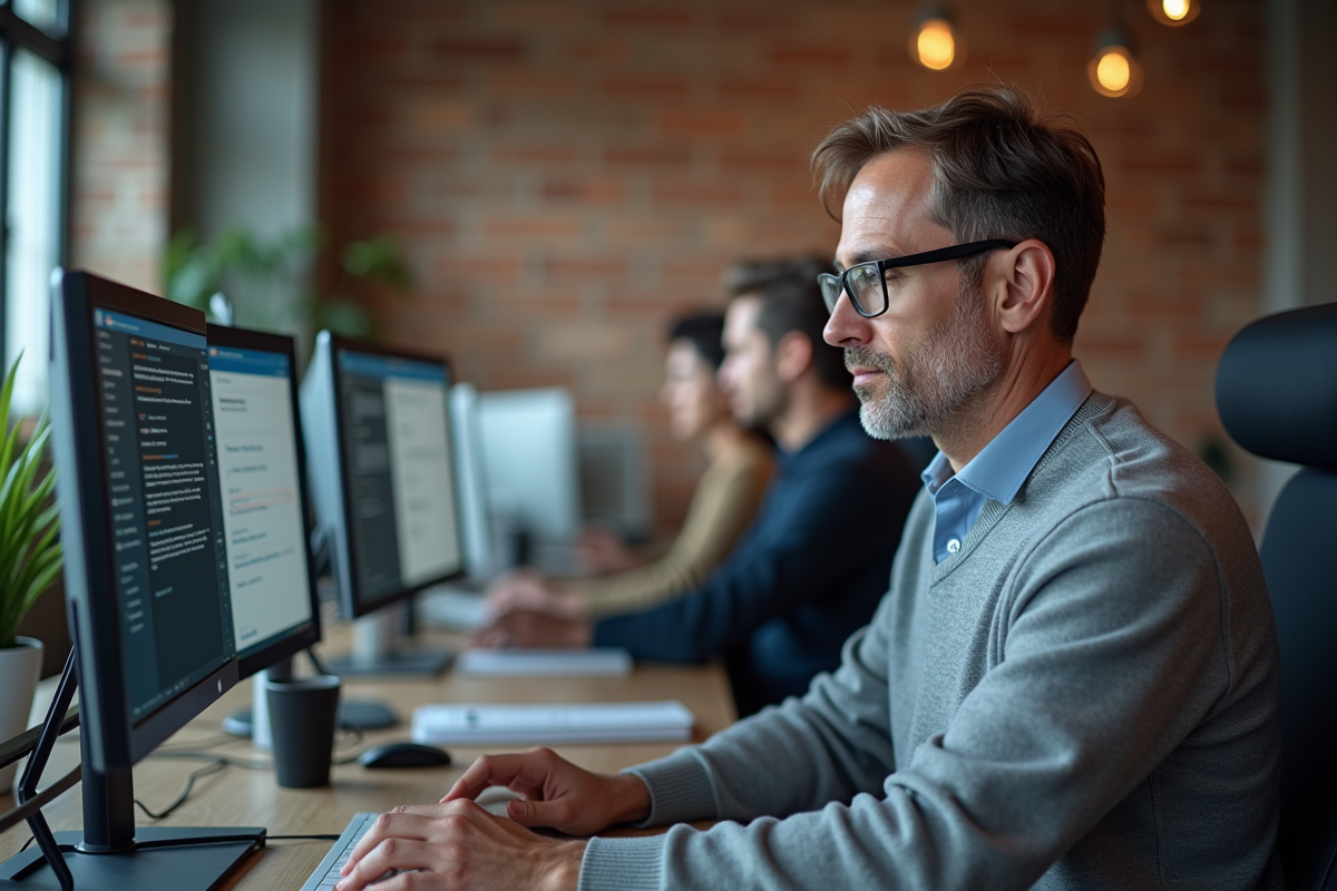 Homme configurant la traduction automatique sur un moniteur