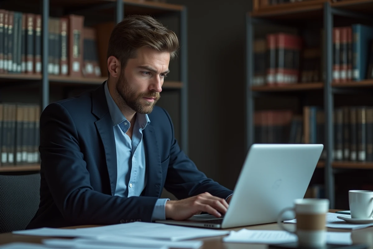 Homme lisant des documents légaux sur un ordinateur portable dans un bureau, illustrant les questions juridiques autour de Very LEAKS