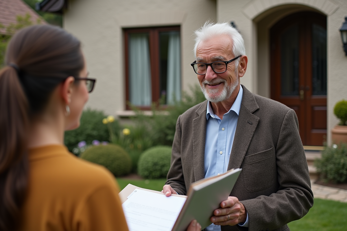 Homme âgé donnant un dossier à sa fille devant la maison