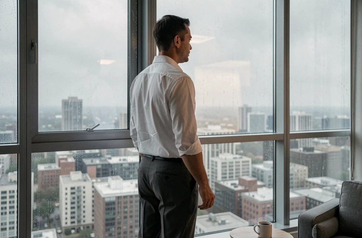 Homme debout face à une fenêtre pluvieuse dans un appartement, symbolisant l'attente et l'incompréhension face au rejet narcissique